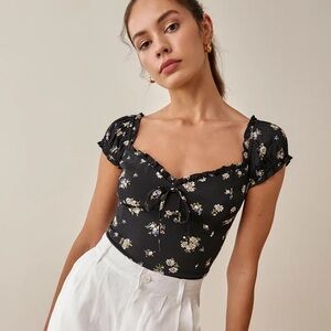 Reformation Ogden Top Blouse Black Floral Daisy